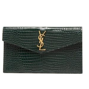 YSL Uptown Croc Green Gold Clutch